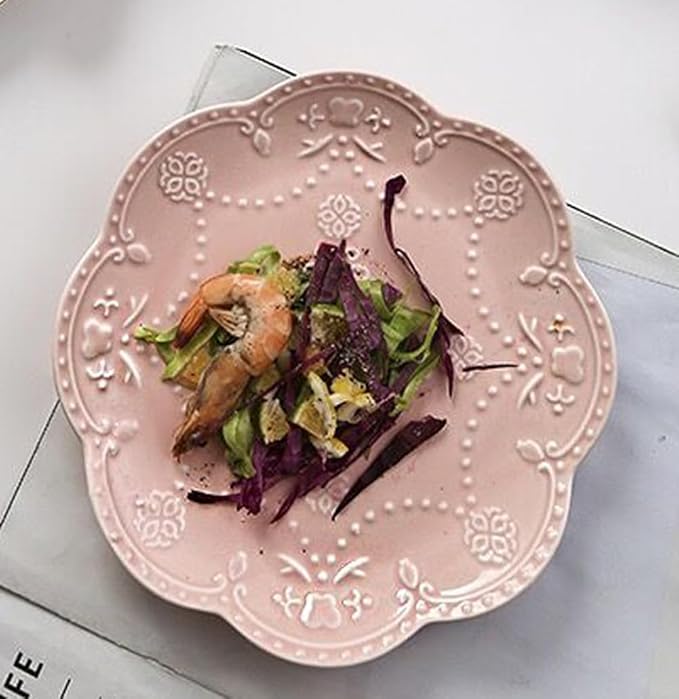 YBK Tech Elegant Round Embossed Lace Plate, Ceramic Serving Plate for Breakfast Afternoon Tea (Pink, 6-inch)
