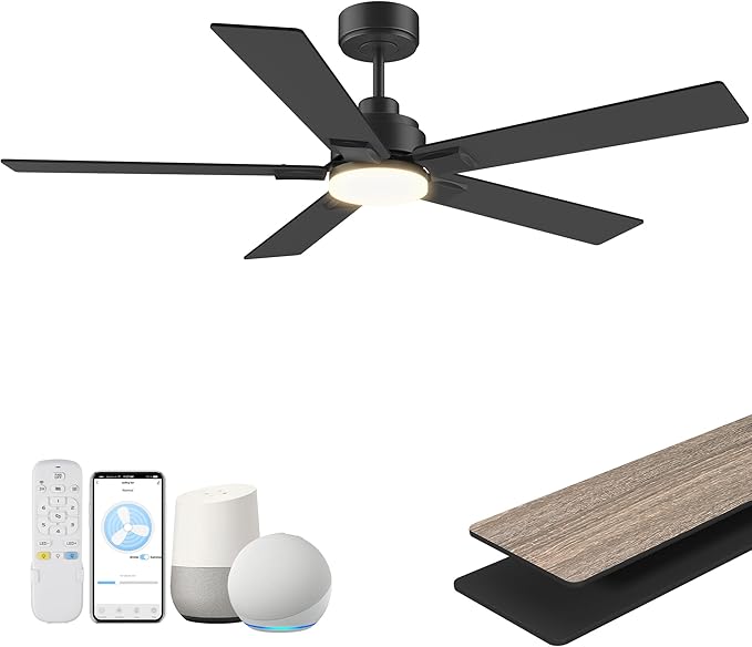 52Inch Smart Ceiling Fan with Lights Remote,APP&Voice Alexa WIFI Controled,Quiet Reversible DC Motor,Dimmable LED,Indoor Outdoor Modern Ceiling Fan,for Living Room Bedroom Patio Porch,Black&Walnut