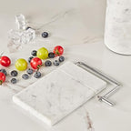White Marble Cheese Board with Stainless Steel Slicer - Unique Grey Veining and Grooved Design White Marble Cheese Board, Cheese Cutting Serveware For Kitchen, 9.75" W x 8.5" D x 0.75" H