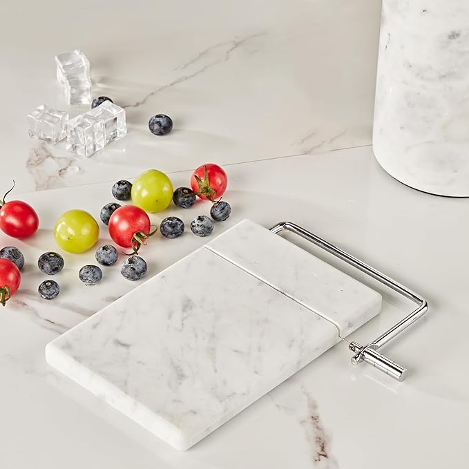 White Marble Cheese Board with Stainless Steel Slicer - Unique Grey Veining and Grooved Design White Marble Cheese Board, Cheese Cutting Serveware For Kitchen, 9.75" W x 8.5" D x 0.75" H