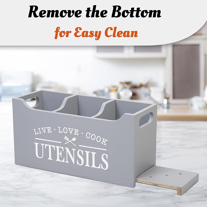 Kitchen Utensil Holder with Drainage Bottom, Large 3 Compartments Solid Real Wood Utensil Organizer for Kitchen Counter, Farmhouse Cooking Tools Storage for Countertop, Gray