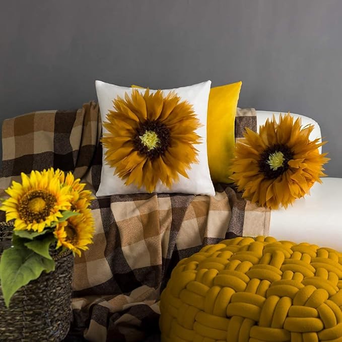 3D Flower Throw Pillow Decorative Sunflower Round Accent Pillowcase Soft Cute Elegant Floral Cushion for Bed Couch Car Living Room Bedroom Home Farmhouse Boho Decor 12Inch Gift Mustard Yellow