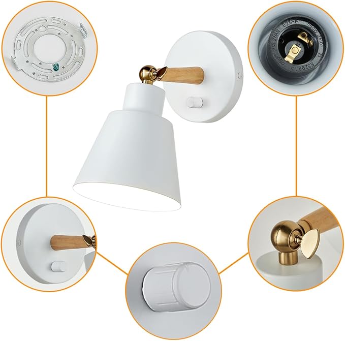 ClanKin White Wall Sconces Lighting Fixture Set of 2, Angle Adjustable Wall Mounted Bedside Lamp with On-Off Switch for Industrial Bedroom Bathroom Hallway Living Room (2Pack-White)