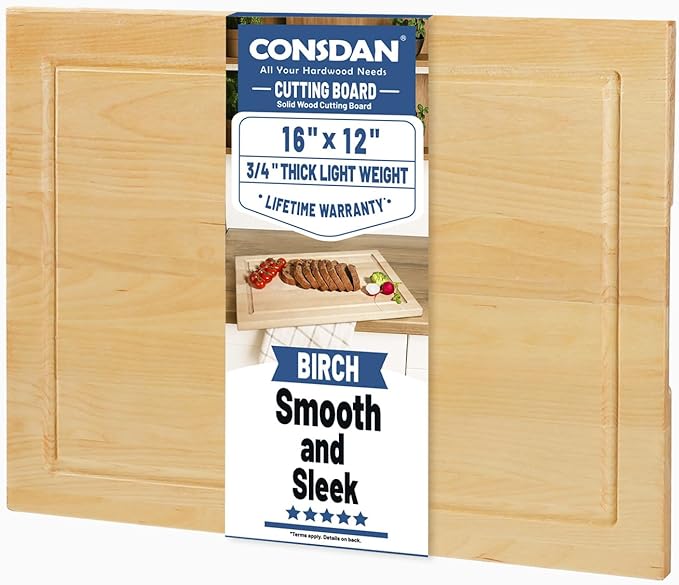 CONSDAN Wood Cutting Board for Kitchen, 16 x 12, Soild Birch Wood, Edge Grain, Chopping Board, Butcher Block with Juice Groove, Prefinished with Food-Safe Oil, 3/4" thick