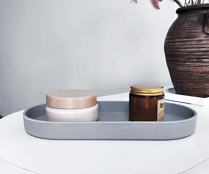 Gray Small Tray (11.8 inch), Oval Tray for Kitchen Counter, Bathtub Bathroom Vanity Items, Countertop Organizer, Coffee Accessory, Bar, Serving Seasoning, Salt and Pepper, Soap, Perfume.