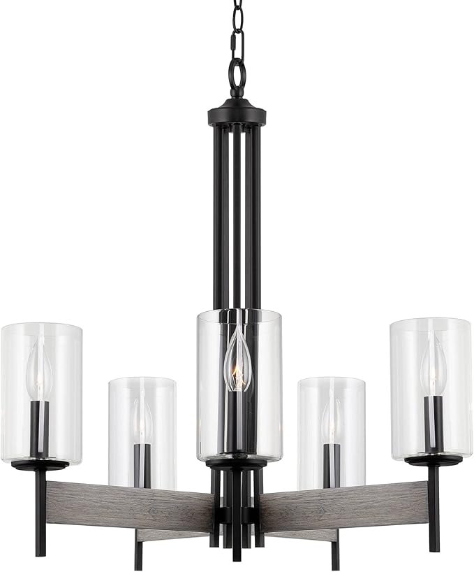 Kira Home Winston 26" 5-Light Modern Farmhouse Dining Room Chandelier + Clear Cylinder Glass Shades, Gray Oak Wood Style + Black Finish
