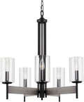 Kira Home Winston 26" 5-Light Modern Farmhouse Dining Room Chandelier + Clear Cylinder Glass Shades, Gray Oak Wood Style + Black Finish
