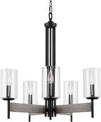 Kira Home Winston 26" 5-Light Modern Farmhouse Dining Room Chandelier + Clear Cylinder Glass Shades, Gray Oak Wood Style + Black Finish