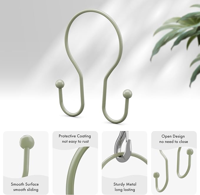 AmazerBath Shower Curtain Hooks Sage Green Shower Curtain Rings, Simple Double Hook Shower Curtain Hooks Rust Proof, Smooth Sturdy Metal Shower Hooks for Shower Curtain Rod, 12 Pcs Shower Rod Hooks