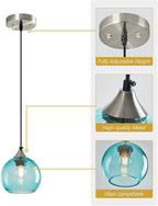 Light Blue Glass Pendant Lights Kitchen Island Globe Pendant Light Fixtures Modern Pendant Lighting for Bedroom Living Dining Room Light Fixture (5.9 in, 1 Pack)