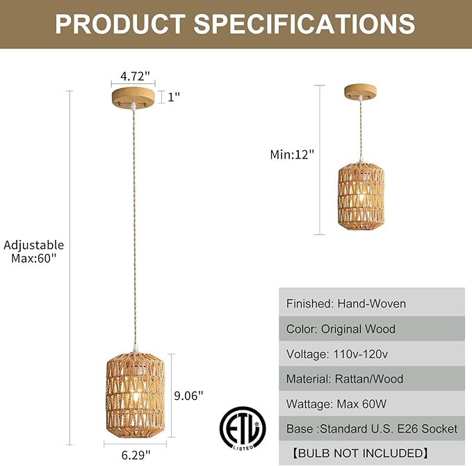 2-Light Rattan Pendant Light, Boho Light Fixture for Dining Room, Small Wicker Light Fixture, Rattan Chandelier Woven Hanging Light, for Kitchen Island Bedroom Hallway, ETL Listed
