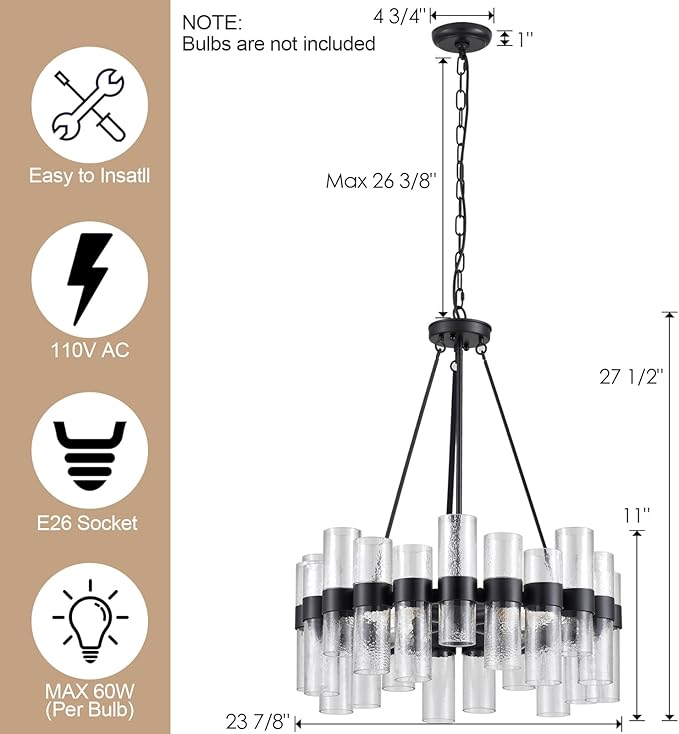 Dia 24 Inch Black Modern Chandelier for Dining Room, Glass Chandeliers for Bedroom, 4-Light Rustic Chandeliers, Large Pendant Light for Living Room Foyer Entryway