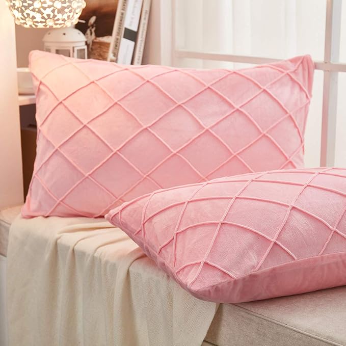 JAUXIO Diamond Pinch Pleated Crystal Velvet Pillowcases 2 Pack Solid Pintuck Throw Cushion Cover for Home Decor Hidden Zipper Closure (Pink, Standard)