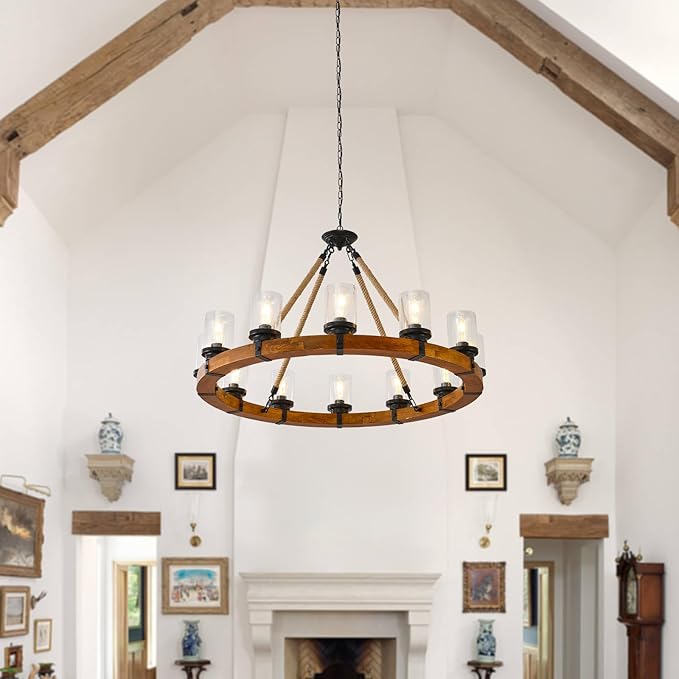 12-Light Wood Wagon Wheel Chandelier, 40-inch Round Vintage Hanging Light Fixtures with Seeded Glass Shade for Living Room Café Foyer E26