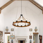 12-Light Wood Wagon Wheel Chandelier, 40-inch Round Vintage Hanging Light Fixtures with Seeded Glass Shade for Living Room Café Foyer E26