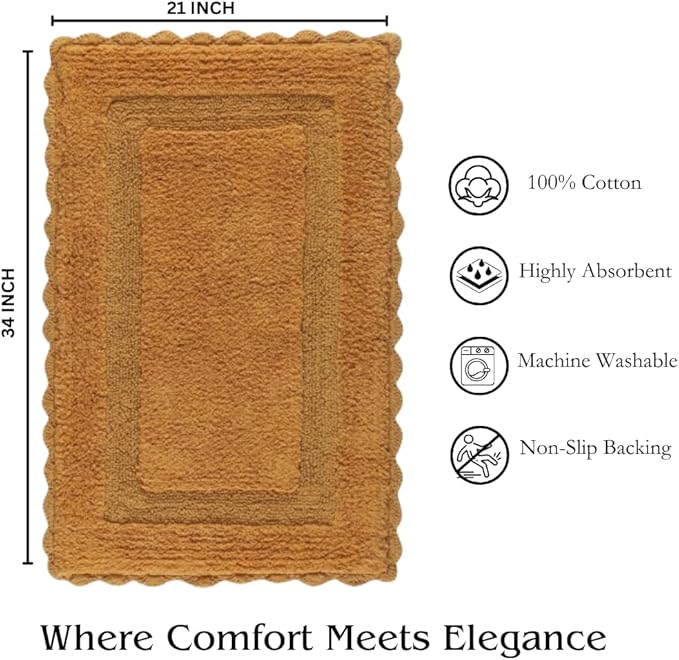 Savi Home Cotton Crochet Bathmat with Antiskid 21x34 Mustard, 100% Pure Cotton, Super Soft Bath Mat, Plush & Absorbent, Hand Tufted Heavy Weight Construction, Full Reversible Step Out Rugs