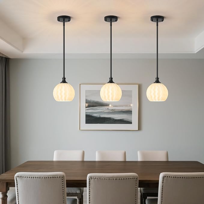 Milk Glass Pendant Lights Kitchen Island 2 Pack, 7.3" Black Modern Pendant Light Fixtures with Rods, Globe Hanging Lighting for Kitchen Sink Bathroom Dining Room, E26 Base