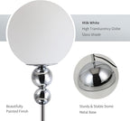 Modern Glass Floor Lamp for Bedroom, 63'' Vintage Mid-Century Floor Lamp with Milky White Frosted Glass Globe Shade for Living Room Corner, Slim Standing Reading Lamp for Office Decor (Chrome)