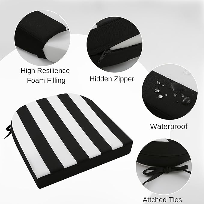 idee-home Outdoor Chair Cushions Set of 4, Thick 17" x 17" x 3" Outdoor Seat Cushions Patio Furniture Waterproof with Ties, Dining Pads