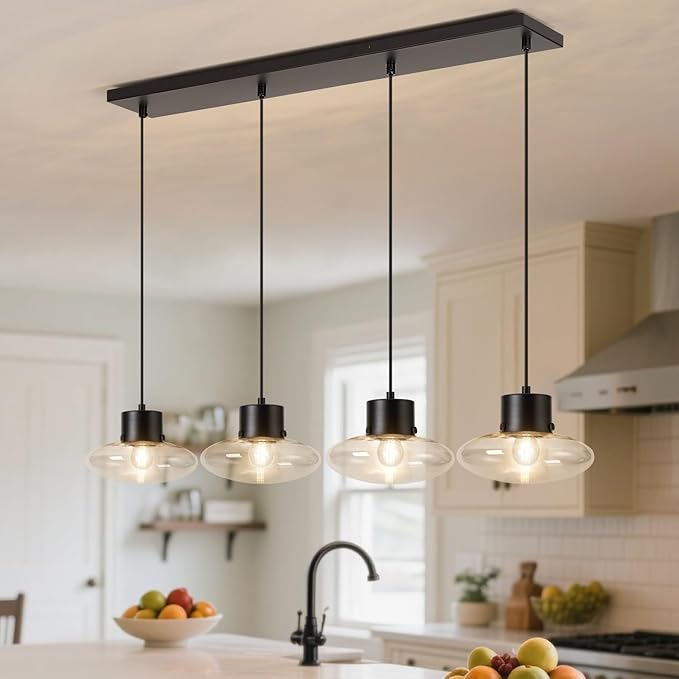 4-Light Kitchen Island Lighting, Black Linear Chandelier Modern Dining Room Light Fixture with Clear Glass, Adjustable Hanging Lighting for Kitchen Dining Room, OS-JJ1513-4CBK