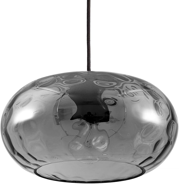 Smoked Grey Glass Pendant Lighting, 11" Hammered Lampshade Hanging Lamp, 1-Light Matte Black Chandelier for Dining Living Room Kitchen Island