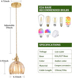Mini Pendant Light with Amber Tulip Glass Lmapshade, Brass Vintage Pendant Light Adjustable Hanging Light for Kitchen Island Dining Room Hallway