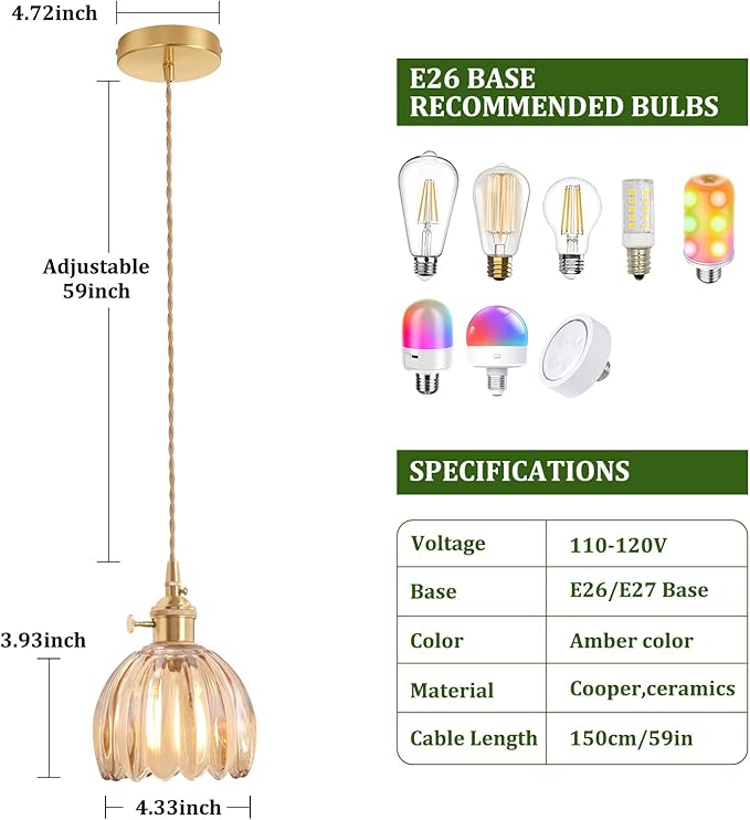 Mini Pendant Light with Amber Tulip Glass Lmapshade, Brass Vintage Pendant Light Adjustable Hanging Light for Kitchen Island Dining Room Hallway
