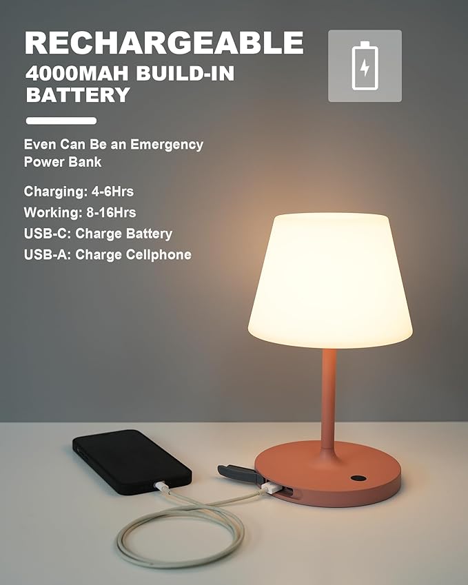 Outdoor Battery Operated Table Lamp Waterproof, 4000mAh Cordless Table Lamp Rechargeable, Touch Dimmable Desk Lamp, LED Night Light for Patio Camping Restaurant Home, H9.6in, Pink