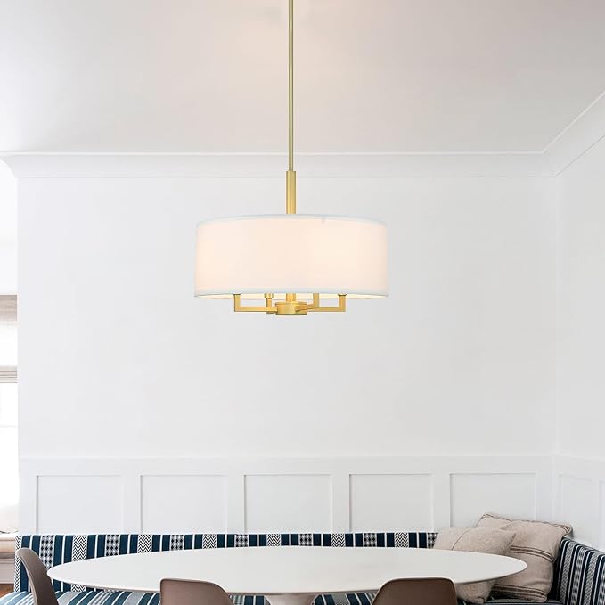 XiNBEi Lighting Pendant Light, Modern 4 Light Drum Pendant Lighting Adjustable Hanging Chandelier Ceiling Light for Living & Dining Room Satin Brass Finish XB-P1296-SB