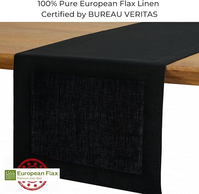 D'Moksha Homes Linen Black Table Runner 90 Inches Long - 100% Pure Linen 14 x 90 Inch Table Runner for Dining, Fall, Autumn and Halloween - Machine Washable