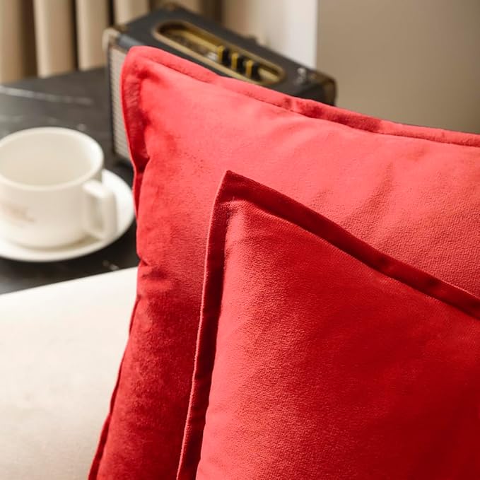 VAKADO Throw Pillow Covers 16x16 Set of 2 Red Fall Velvet Decor Decorative Couch Cushion Euro Pillowcases with Fringe Home Bed Decoration for Sofa Bedroom Office