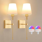Battery Operated Wall Sconces Set of 2, 5000 mAh Rechargeable Bulb with 12 RGB Colors Dimmable Wall Sconce for Living Room Bedroom,Gold