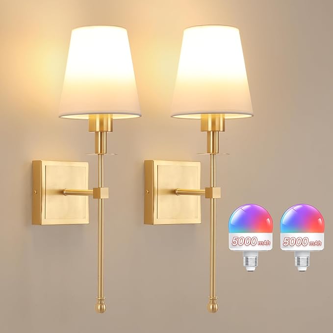 Battery Operated Wall Sconces Set of 2, 5000 mAh Rechargeable Bulb with 12 RGB Colors Dimmable Wall Sconce for Living Room Bedroom,Gold