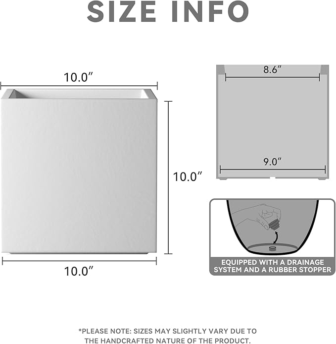 Kante 10 Inch Square Concrete Planter for Outdoor Indoor Home Patio Garden, Large Plant Pot with Drainage Hole and Rubber Plug, Pure White