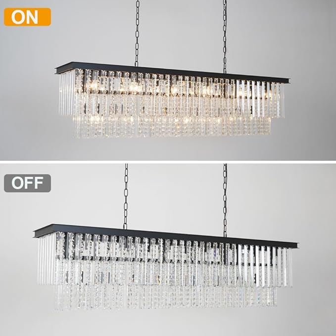 Modern Rectangular Crystal Chandelier, Farmhouse 21 Light Rectangle Chandeliers Hanging Ceiling Light Fixtures for Dining Room Kitchen Island, Living Room, Bedroom