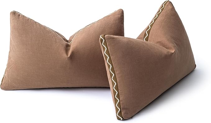 Decorative Neutral Linen Throw Pillow Covers 12x20 Inch Set of 2, Terracotta Boho Farmhouse Pillow Covers with Braid Fringe for Sofa Bed Modern Couch Pillow Cases for Organic Home Decor