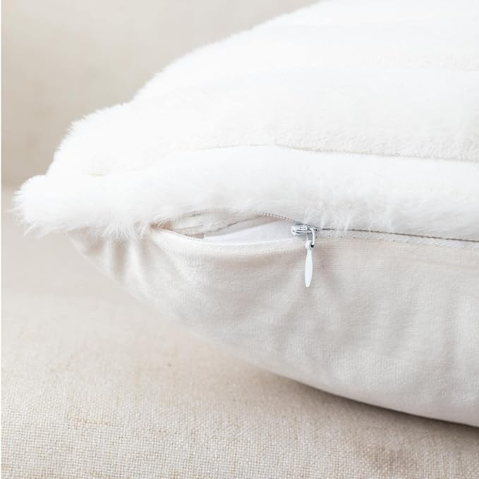 ZLINA Set of 2 Cream White Faux Fur Decorative Throw Pillow Covers Fluffy Striped Pillowcase Cushion Covers 18 x 18 Inch Decor Sofa Couch Bedroom