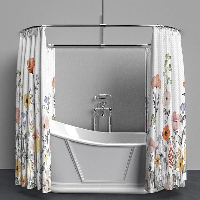 Flower Waffle Shower Curtain Leaves Fabric Bath Curtain, Floral Plants Long Shower Curtains for Bathroom Natural Curtain Waterproof with Hooks for Kids Bathroom Home Hotel Decor 72x72 inch