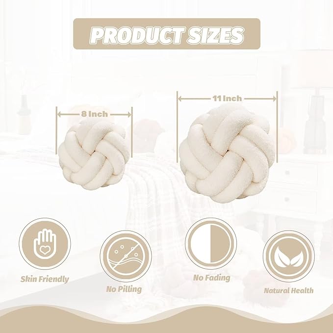 Uvvyui Knot Pillow Ball, Soft Ivory Home Decor Knotted Pillows, Handmade Round Plush Throw Pillow, Aesthetic & Cute Large Decorative Pillows for Bed, Floor, Couch, Bedroom Home Decor 11 inches