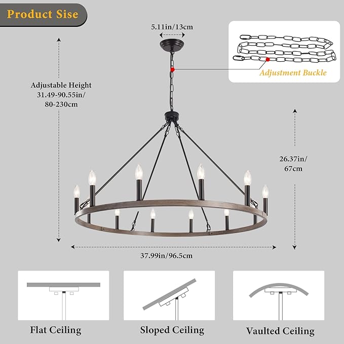 12-Light Black Wagon Wheel Chandelier, 38''Rustic Farmhouse Chandelier,Round Hanging Ceiling Pendant Light Fixture,for Kitchen Island Living Dining Room Bedroom Hallway Entryway Foyer