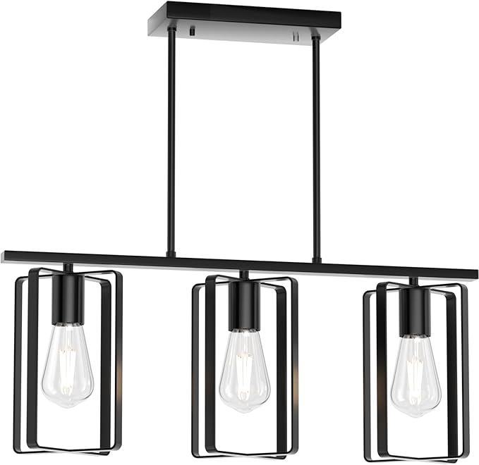 Farmhouse Kitchen Island Chandelier, 3-Light Adjustable Height Industrial Rustic Hanging Pendant Light Fixture with Flexible Shade, Linear Island Lighting for Dining Room Over Table Bar, Black