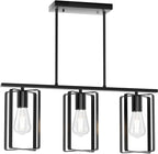 Farmhouse Kitchen Island Chandelier, 3-Light Adjustable Height Industrial Rustic Hanging Pendant Light Fixture with Flexible Shade, Linear Island Lighting for Dining Room Over Table Bar, Black