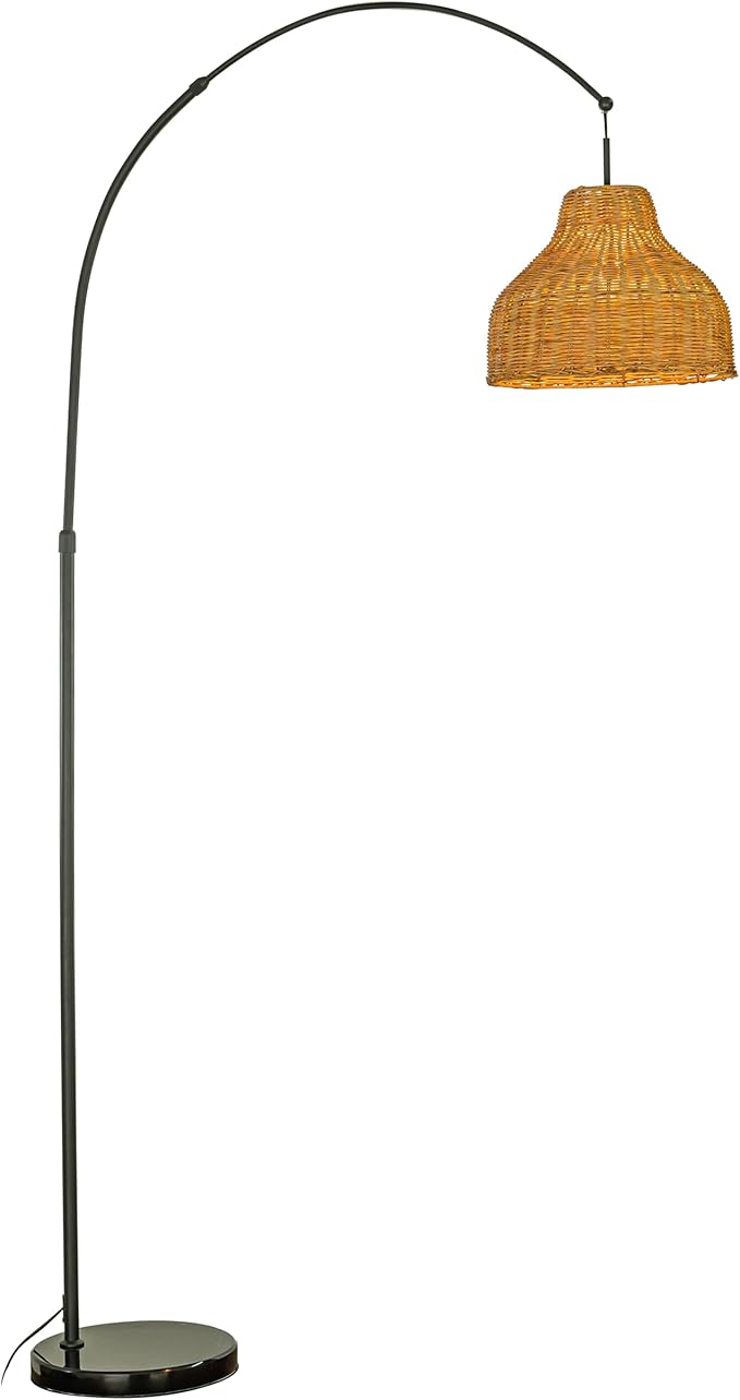 ALOADECOR 75" 1-Light Matte Black Arc Floor Lamp with Brown Rattan Shade and Marble Base Farmhouse Rattan Floor Lamp for Living Room Dining Room Bedroom