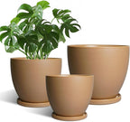Ceramic Pots for Plants Set of 3-10+8+6 Inch Modern Round Planters with Drainage Holes and Plant Saucers, Flower Pots for Indoor Outdoor, Home Garden Room Decor, Plant Lover Gifts, Brown