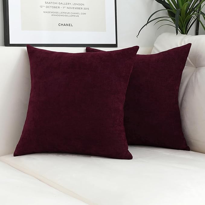 Jeneoo Burgundy Decorative Throw Pillow Covers Soft Chenille Comfy Solid Couch Cushion Case Decor (Set of 1, 24 x 24 Inches)