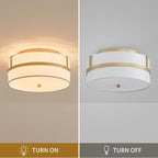 Modern Flushmount Ceiling Light, Chic Style Close to Ceiling Light Fixture for Living Room, Bedroom, Dining Room, Kitchen, D12 x 5.9 in, Drum Shape, White Fabric Lampshade & Gold Finish Frame