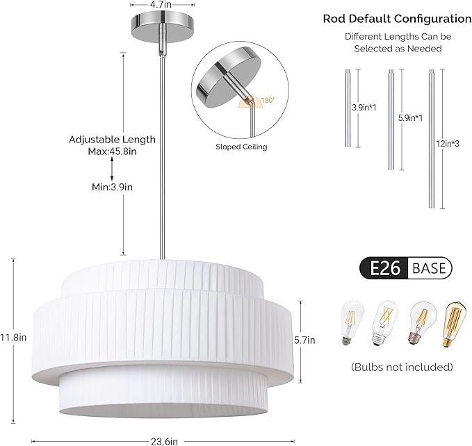 LamQee 3-Tier Large Farmhouse Drum Chandelier, 23.6inch Modern Ceiling Light Fixture Chrome Pendant Hanging Light with Fabric Shade for Living Room Bedroom Kitchen Island Over Table