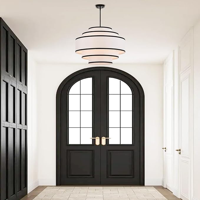25.6" Black Drum Chandelier with White Linen Lampshade 6-Light Modern Farmhouse Chandelier Light Fixture for Living Room, Dining Room, Kitchen Island, Entryway, Stairway