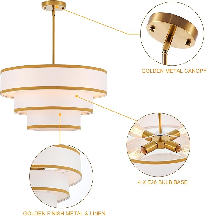 19.7" Gold Drum Chandelier with White Fabric Lampshade 3-Tier Modern Farmhouse Chandelier Light Fixture for Dining Room, Kitchen Island, Foyer, Entryway Bedroom