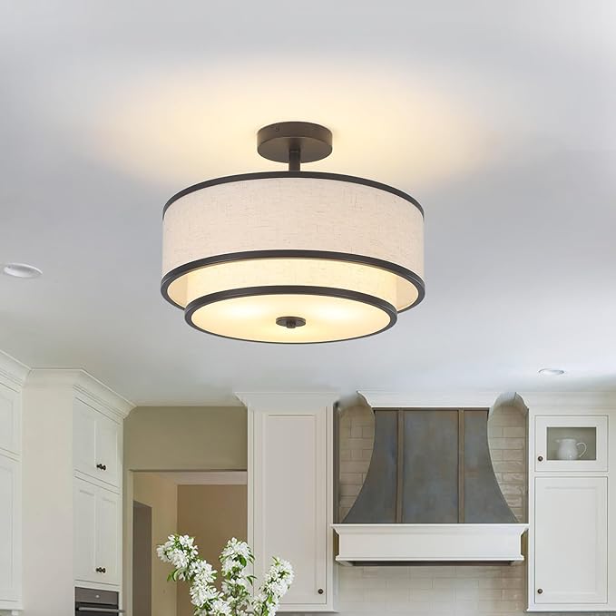 BUXVRCS Semi Flush Mount Ceiling Light Fixture, Modern Light Fixtures Ceiling Mount with Fabric Shade, 3-Light Double Drum Lighting Fixtures Close to Ceiling Light for Bedroom (Black)